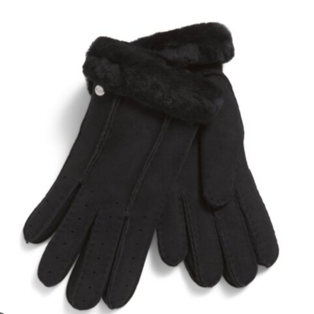 UGG Australi Perforated Genuine Shearling Suede Gloves in Black Sz S/P